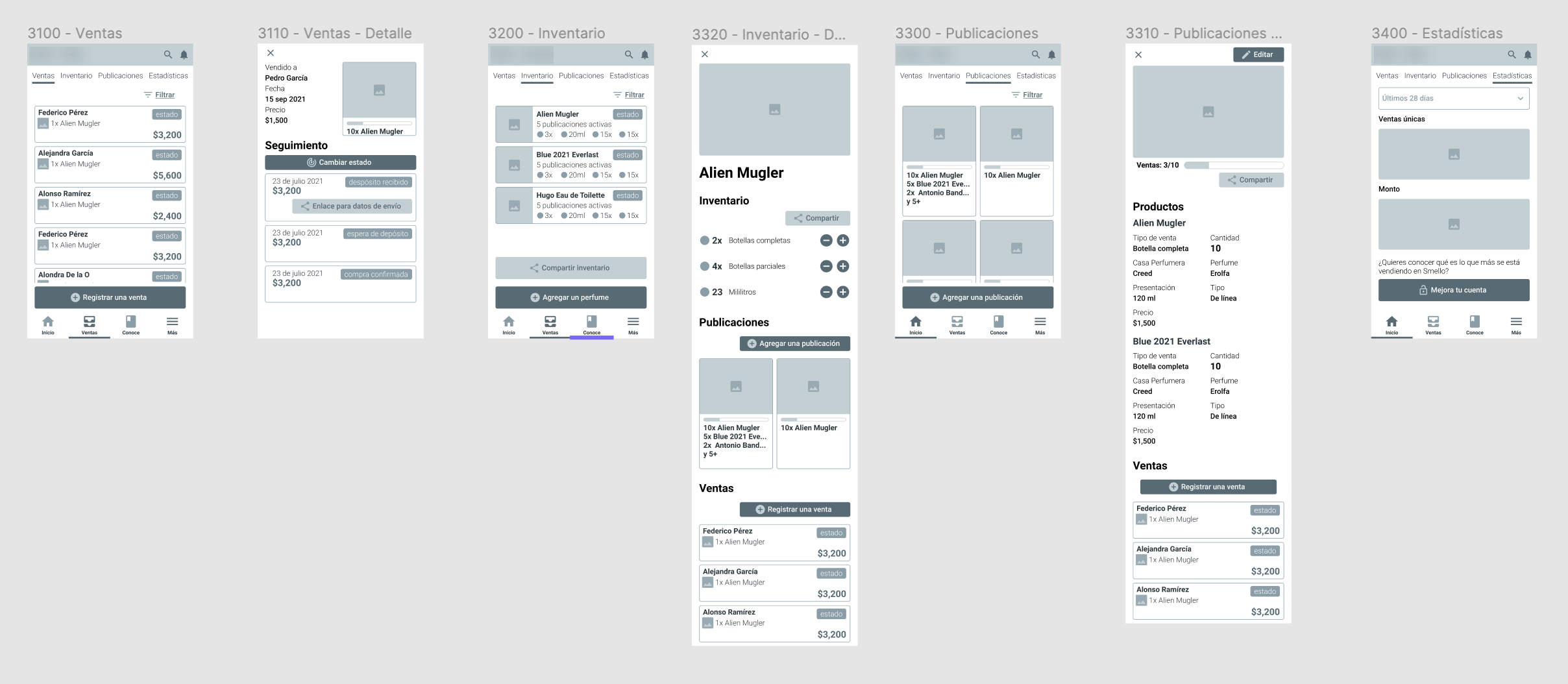 Wireframes of a user interface
