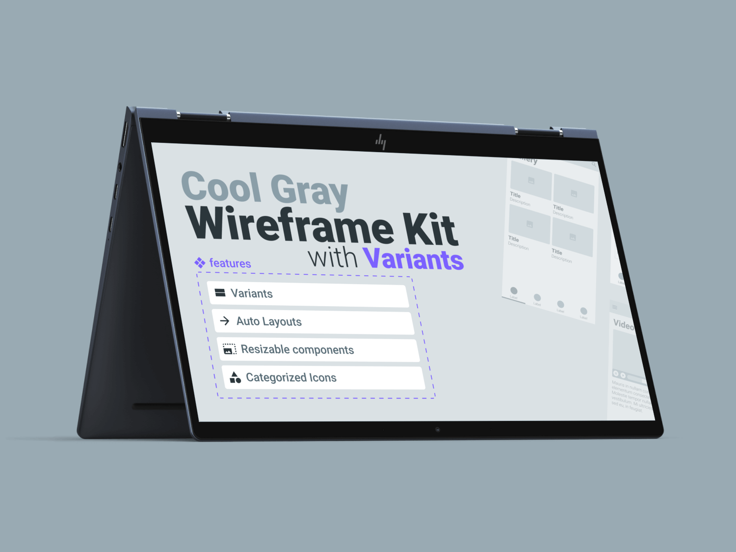Screenshots of a Figma Wireframe Kit